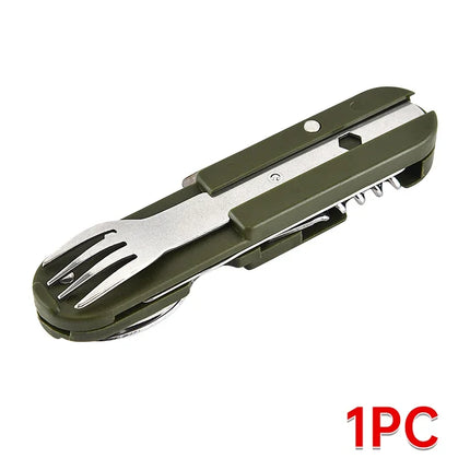 1-10PCS 7-in-1 Multi-functional Outdoor Tableware Stainless Steel Folding Forks Spoons Knives Picnic Camping Hiking Tableware