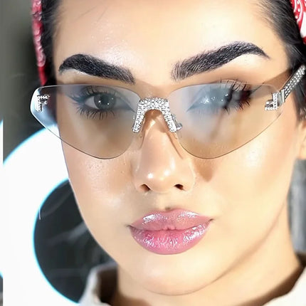 Women's Sexy Cat Eye Rimless Rhinestone Sunglasses Luxury Brand Designer Retro Punk Metal Sunglasses Men's UV400 Driving Glasses