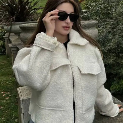 TRAFZA Women Elegant Solid Jacket Front Pocket Long Sleeve Zipper Jackets Coat For Woman Fashion Autumn Casual Outerwear