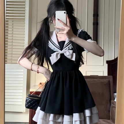 Harajuku Sweet Bow Black Plaid Dresses All-match Slim Fit Kawaii Lolita Dress for Women Autumn New Long Sleeve Vestidos De Mujer