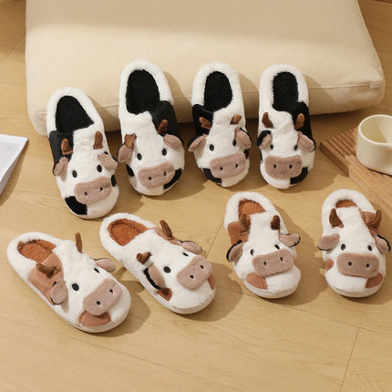New Winter Unisex Cartoon Cow Warm Plush Slippers Couple's Indoor Non-slip House Slides Men And Women Toe Wrap Home Cotton Shoes