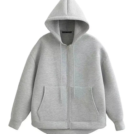 HH Autumn Women Gray Jacket With Hood Long Sleeve Big Pocket Zipper Jacket Coat Woman Loose Casual Outerwear Coat Tops