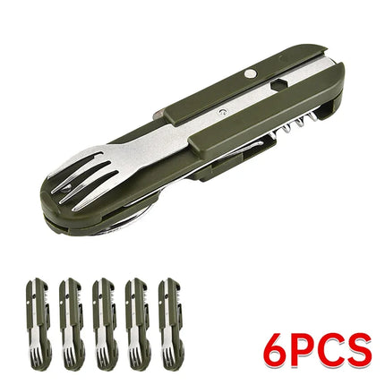1-10PCS 7-in-1 Multi-functional Outdoor Tableware Stainless Steel Folding Forks Spoons Knives Picnic Camping Hiking Tableware
