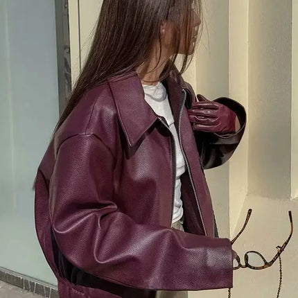 TRAFZA Wine Red Faux Leather Jakcet Fashion Outerwear Thicken Zipper Lapel Pu Coats Autumn Winter Streetwear Ladies Tops Women