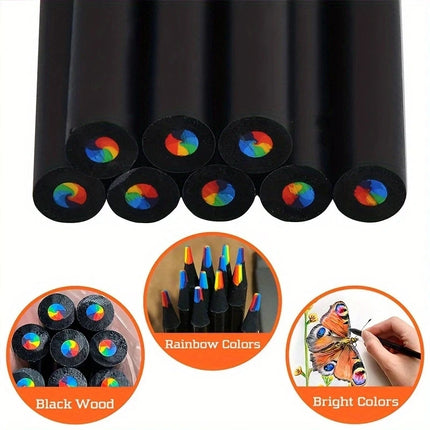 12pcs/mix 7 Colors In 1 Rainbow Wooden Pencils,Black Wood Colored Concentric Crayons Art School Supplies For Classroom,Painting