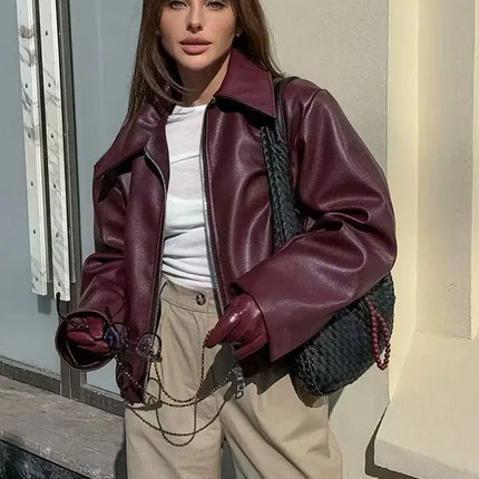 TRAFZA Wine Red Faux Leather Jakcet Fashion Outerwear Thicken Zipper Lapel Pu Coats Autumn Winter Streetwear Ladies Tops Women