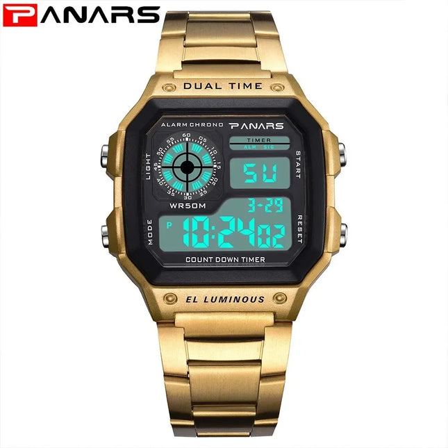 PANARS Top Luxury Stainless Steel Strap Sport Watches Mens Waterproof Back Light Digital Wristwatch Male Alarm