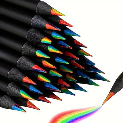 12pcs/mix 7 Colors In 1 Rainbow Wooden Pencils,Black Wood Colored Concentric Crayons Art School Supplies For Classroom,Painting