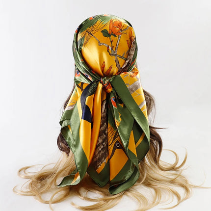 Handkerchiefs Hair Silk Scarf 90*90cm Print Satin Big Square Silk Scarves Shawls for Women Luxury Brand Designer Hijab Headband