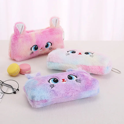 Kawaii Cat Plush Pouch Pencil Case Cute Zipper Fluffy Large Capacity Pencil Bag School Stationery Storage Bag Supplies