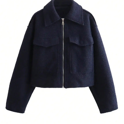 TRAFZA Women Elegant Solid Jacket Front Pocket Long Sleeve Zipper Jackets Coat For Woman Fashion Autumn Casual Outerwear