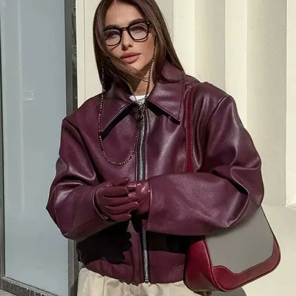 TRAFZA Wine Red Faux Leather Jakcet Fashion Outerwear Thicken Zipper Lapel Pu Coats Autumn Winter Streetwear Ladies Tops Women