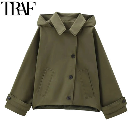 TRAF Female Windbreaker Outerwears Hood Cropped Jacket Women Solid Trench Coat Autumn Long Sleeve Demi-Season Casual Coats