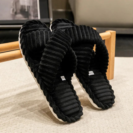 Fashion Corduroy Cross band Open Toe Home Slippers Women Autumn Winter Warm Plush Slides ladies Bedroom Soft Sole Slippers