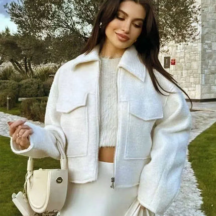 TRAFZA Women Elegant Solid Jacket Front Pocket Long Sleeve Zipper Jackets Coat For Woman Fashion Autumn Casual Outerwear