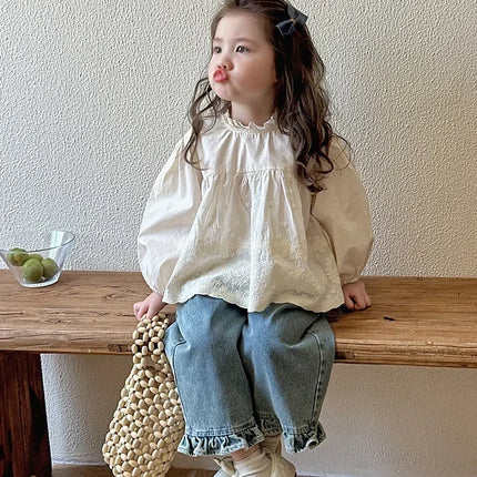 Kids Jeans Girls New 2024 Spring  Autumn Childrens Fashion Casual Wide-leg Pants Lace Princess Sweet and Lovely