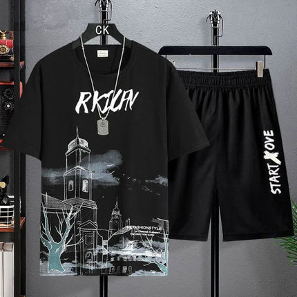 Suits for men 2025 Summer Fashion Polyester Thin Casual Breathable Short Sleeve Printed Sports T-shirt + Shorts Basketball Set