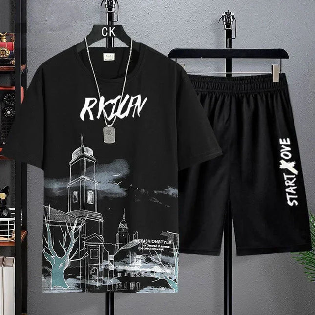 Suits for men 2025 Summer Fashion Polyester Thin Casual Breathable Short Sleeve Printed Sports T-shirt + Shorts Basketball Set