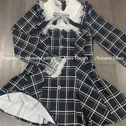 Harajuku Sweet Bow Black Plaid Dresses All-match Slim Fit Kawaii Lolita Dress for Women Autumn New Long Sleeve Vestidos De Mujer