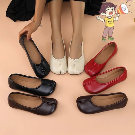 2025 Spring/Autumn Women's Fashion Leather Toe-Separated Loafers – Flat, Breathable & Comfortable Casual Slip-On Shoes