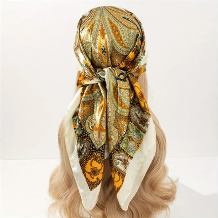 Handkerchiefs Hair Silk Scarf 90*90cm Print Satin Big Square Silk Scarves Shawls for Women Luxury Brand Designer Hijab Headband