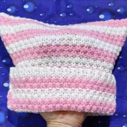 New Japanese Streetwear Harajuku Beanie Little Devil Striped Knitted Hat Women Girls Autumn Winter Cute Cat Ears Cap