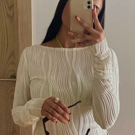 Woman Fashion Casual Ruched Long Sleeve T-shirt Blouses Female White Skinny Cropped Bottoming Shirt 2024 Autumn Y2K Top Clothes