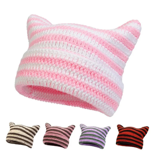 New Japanese Streetwear Harajuku Beanie Little Devil Striped Knitted Hat Women Girls Autumn Winter Cute Cat Ears Cap