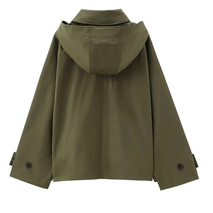 TRAF Female Windbreaker Outerwears Hood Cropped Jacket Women Solid Trench Coat Autumn Long Sleeve Demi-Season Casual Coats