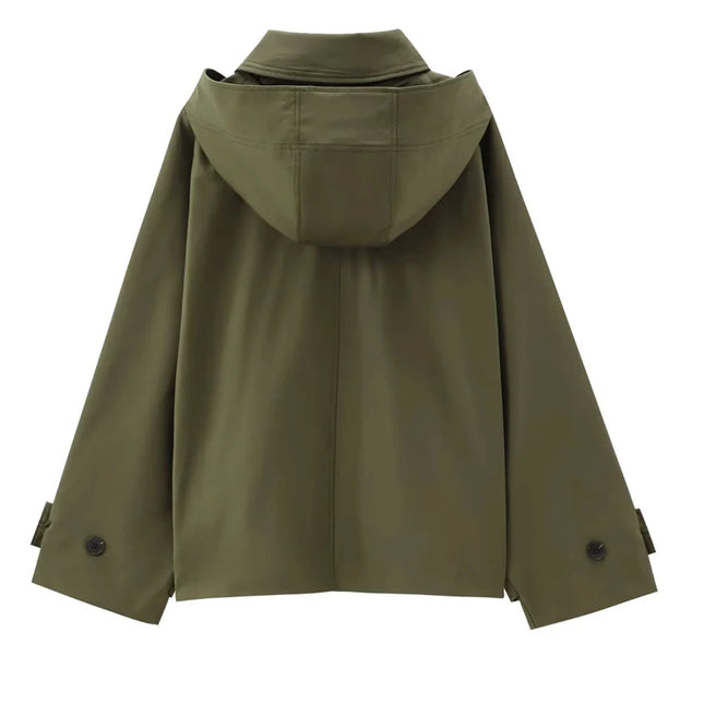TRAF Female Windbreaker Outerwears Hood Cropped Jacket Women Solid Trench Coat Autumn Long Sleeve Demi-Season Casual Coats